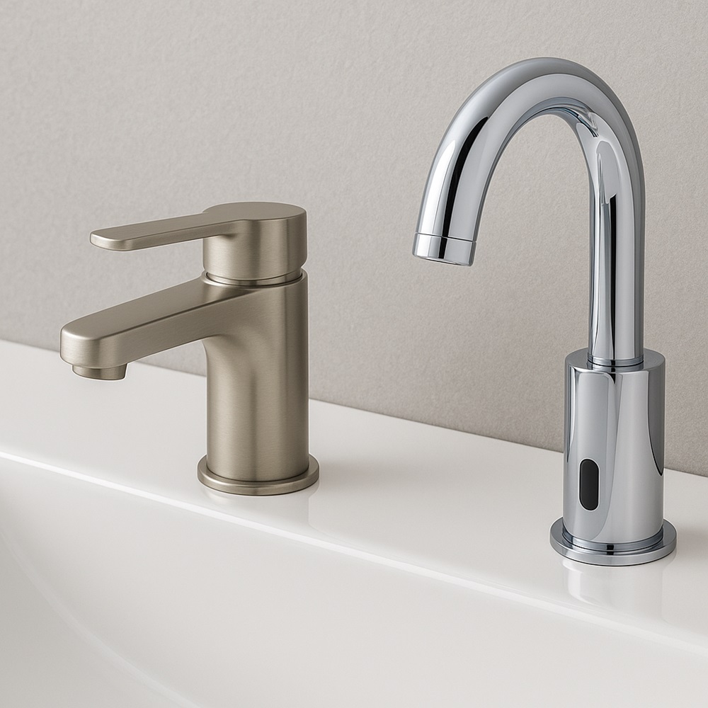 Commercial restroom with touchless lavatory faucets installed on a solid surface vanity